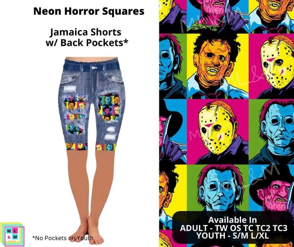 Neon Horror Squares Faux Denim Jamaica Shorts
