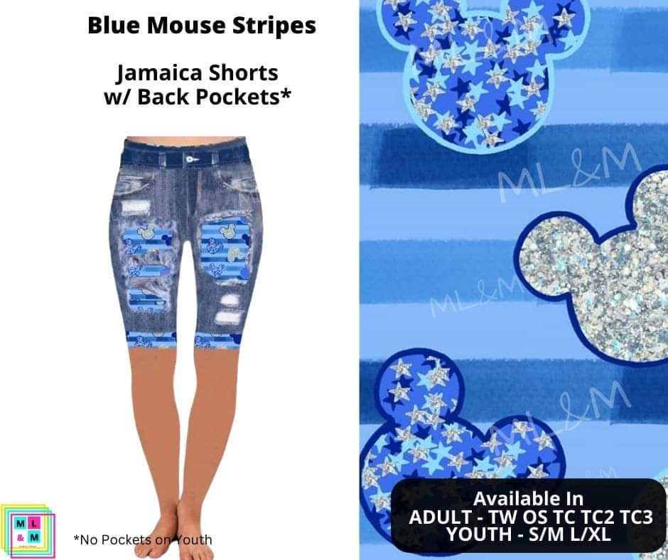 Blue Mouse Stripes Faux Denim Jamaica Shorts
