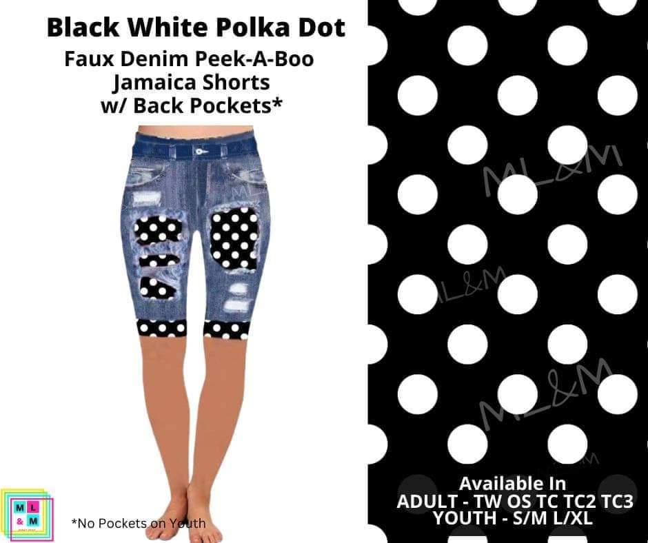 Black & White Polka Dot Faux Denim Jamaica Shorts