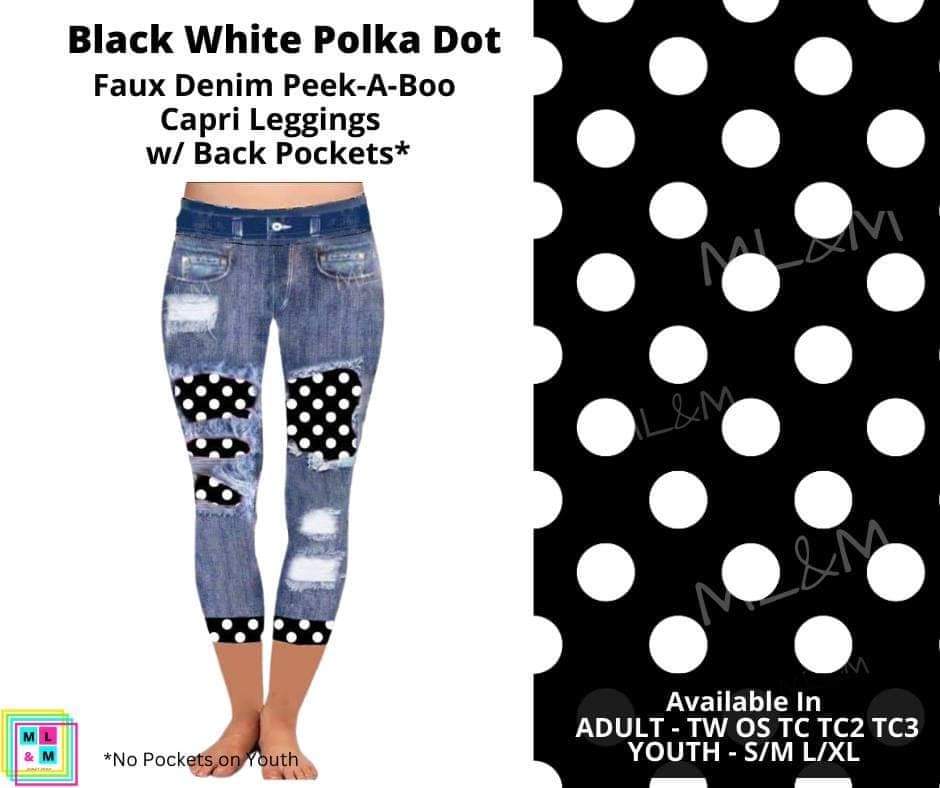 Black & White Polka Dot Faux Denim Capris
