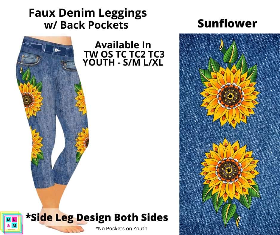 Sunflower Faux Denim w/ Side Leg Designs Capris