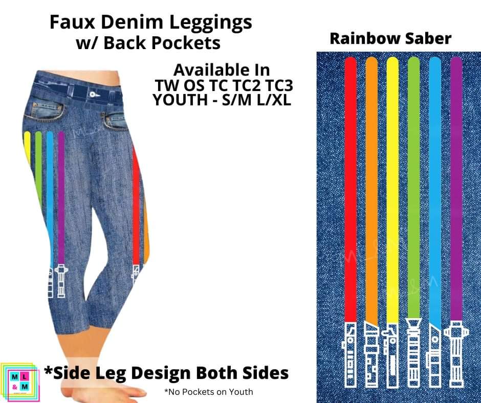 Rainbow Saber Faux Denim w/ Side Leg Designs Capris