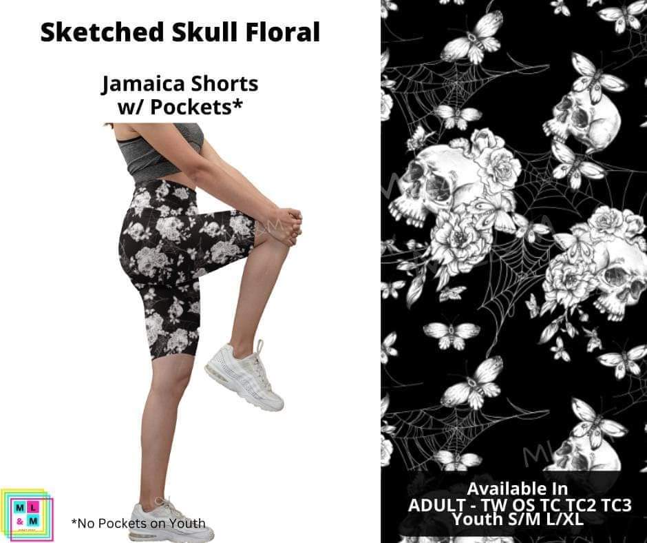 Sketched Floral Skull 10" Jamaica Shorts
