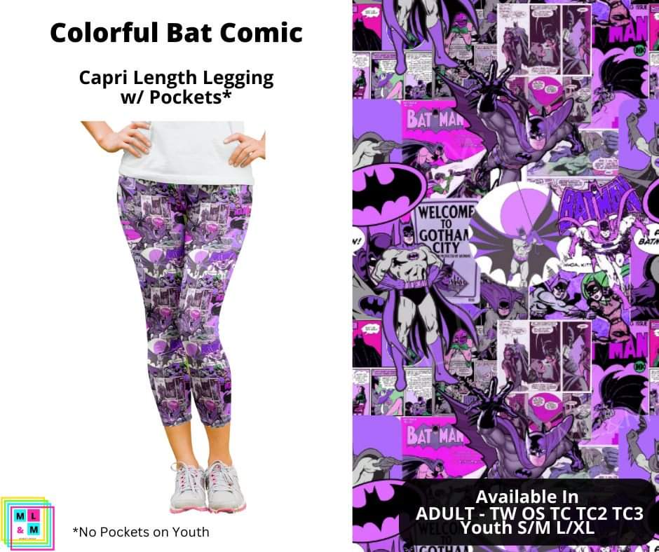 Colorful Bat Comic Capri Length w/ Pockets