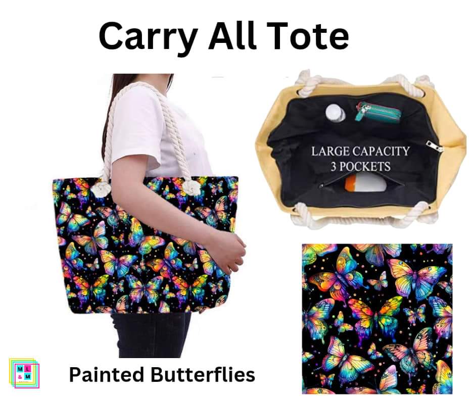 Painted Butterflies Carry All Tote w/ Zipper
