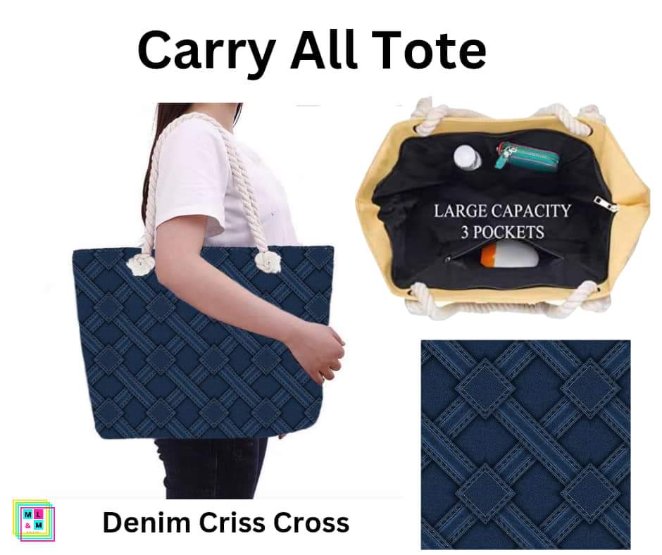 Denim Criss Cross Carry All Tote w/ Zipper