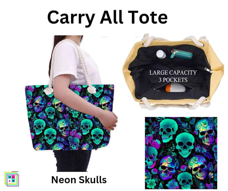 Neon Skulls Carry All Tote w/ Zipper