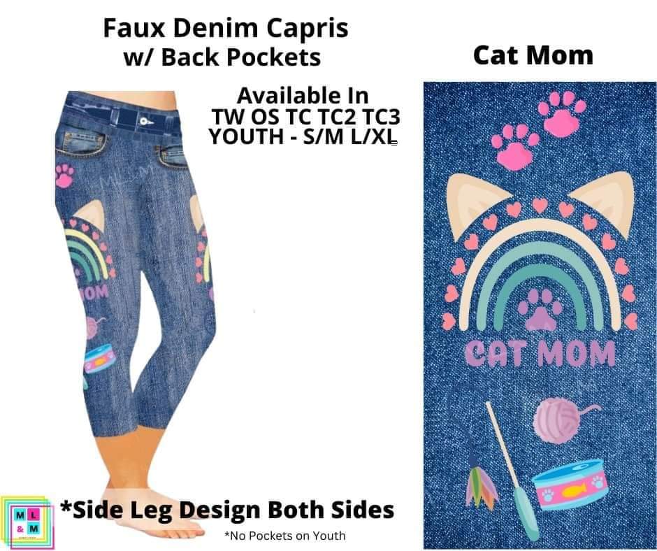 Cat Mom Faux Denim w/ Side Leg Designs Capris