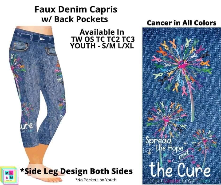 Cancer in All Colors Faux Denim w/ Side Leg Designs Capris