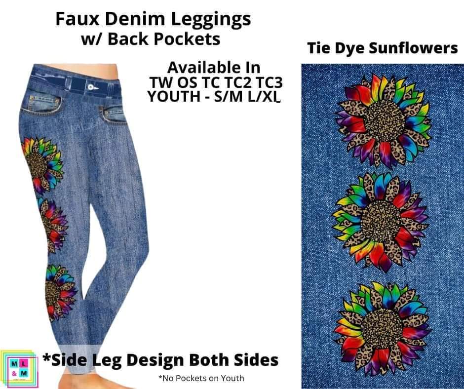Tie Dye Sunflowers Full Length Faux Denim w/ Side Leg Designs