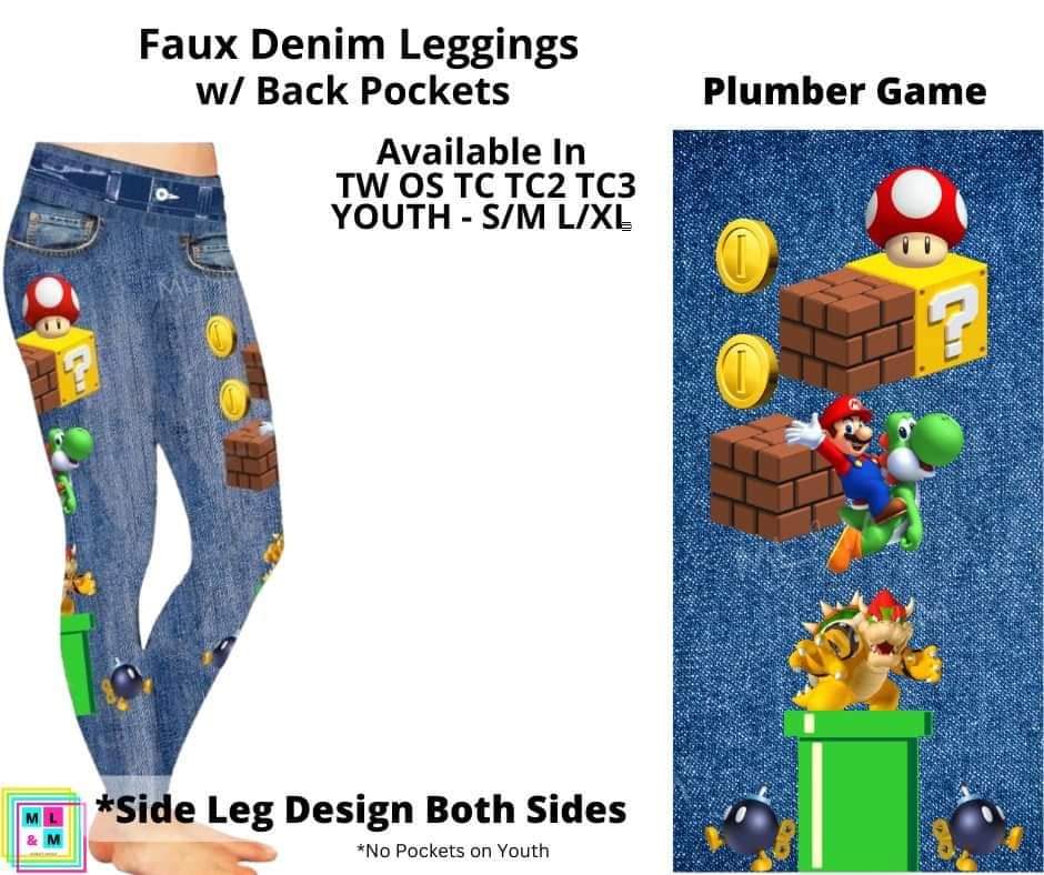 Plumber Game Full Length Faux Denim w/ Side Leg Designs