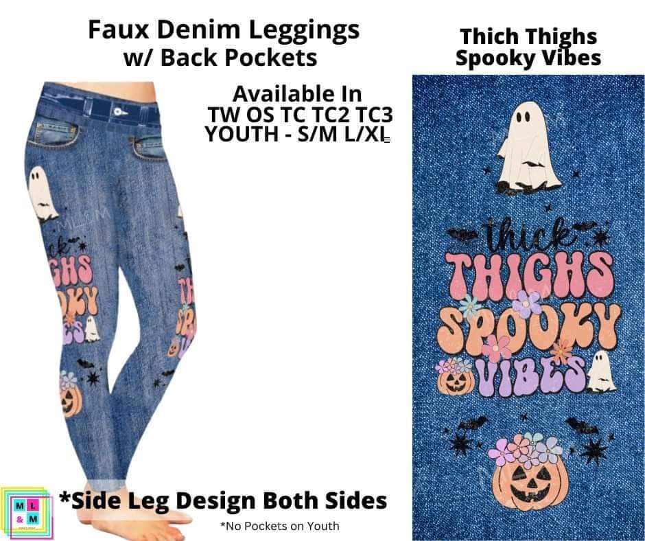 Thick Thighs Spooky Vibes Full Length Faux Denim w/ Side Leg Designs