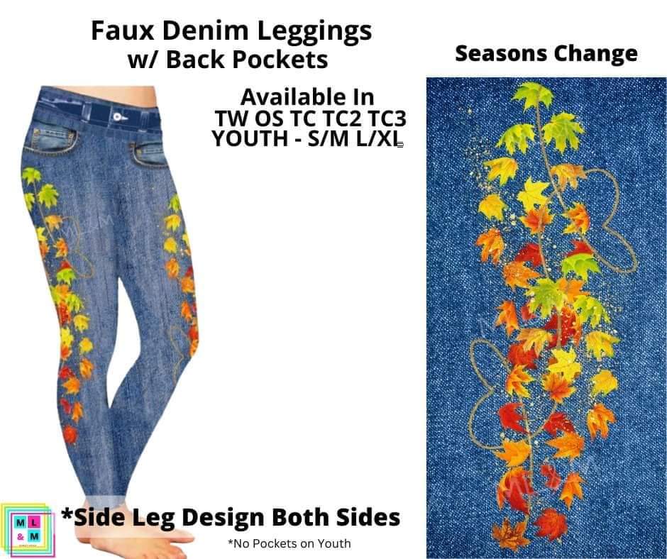 Seasons Change Full Length Faux Denim w/ Side Leg Designs