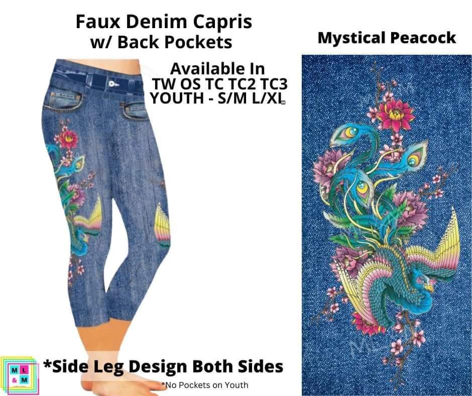Mystical Peacock Capri Faux Denim w/ Side Leg Designs