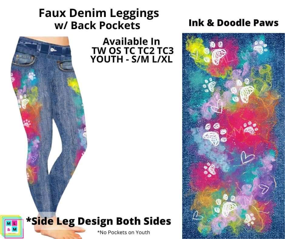 Ink & Doodle Paws Full Length Faux Denim w/ Side Leg Designs