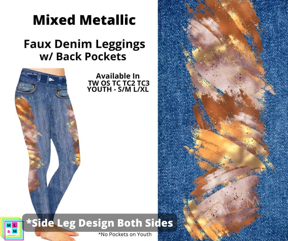 Mixed Metallic Full Length Faux Denim w/ Side Leg Designs