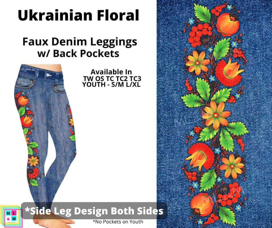 Ukrainian Floral Full Length Faux Denim w/ Side Leg Designs