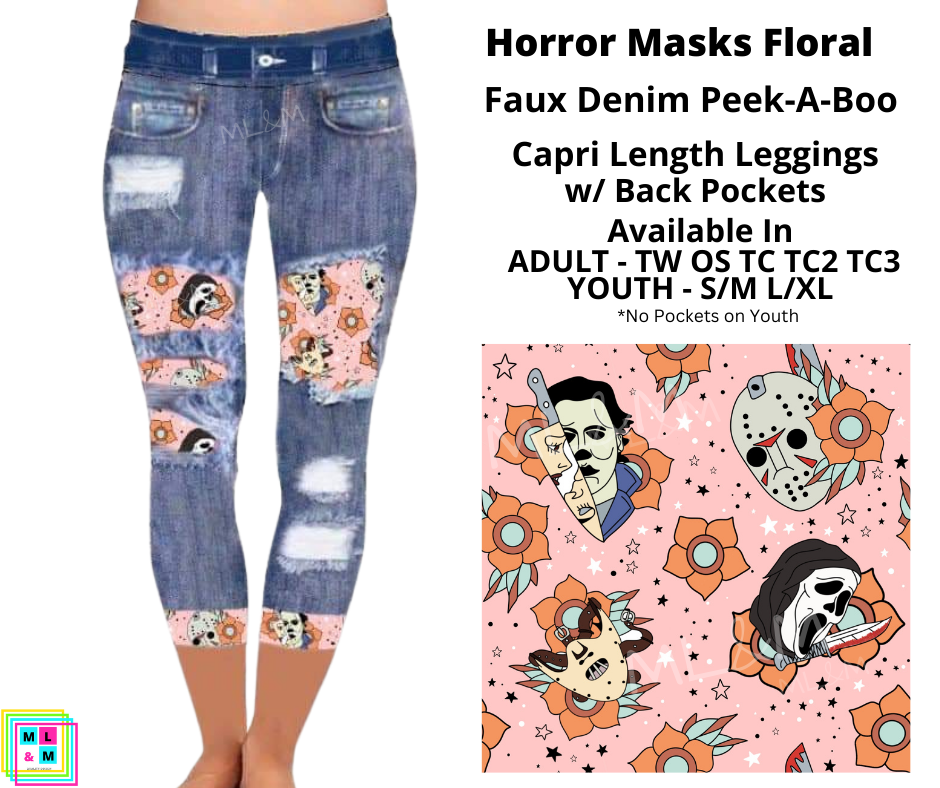 Horror Mask Florals Faux Denim Capris