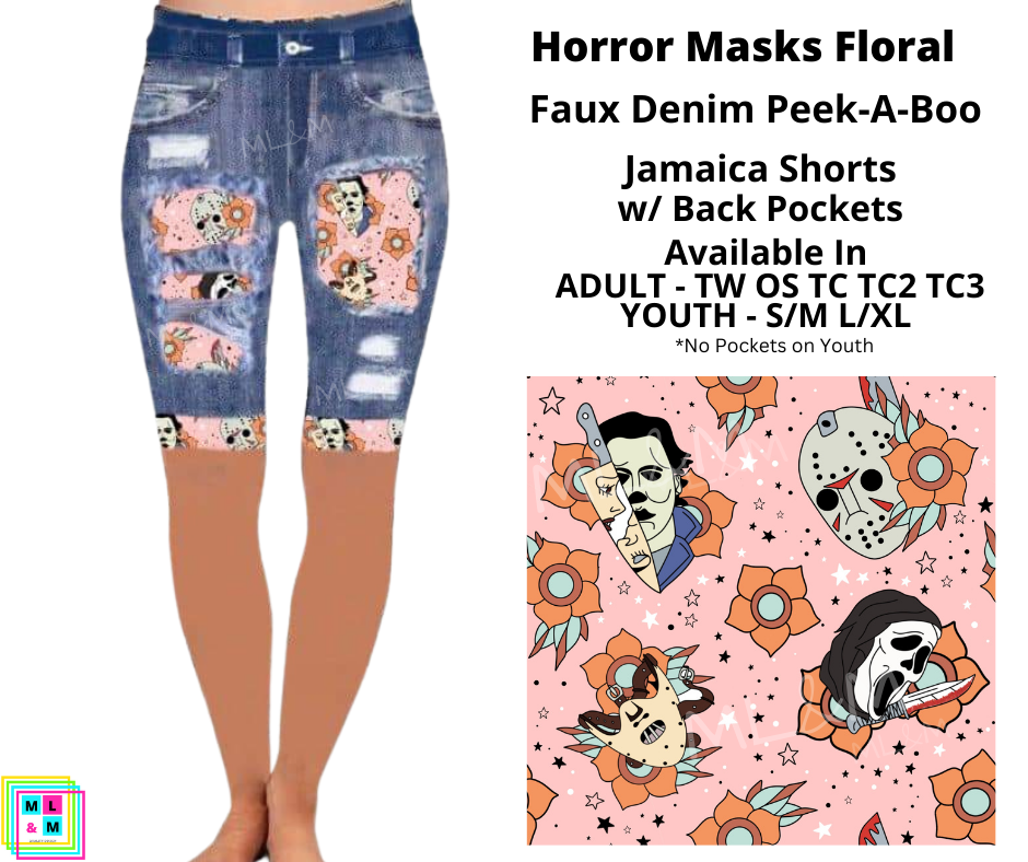 Horror Masks Floral Faux Denim Jamaica Shorts