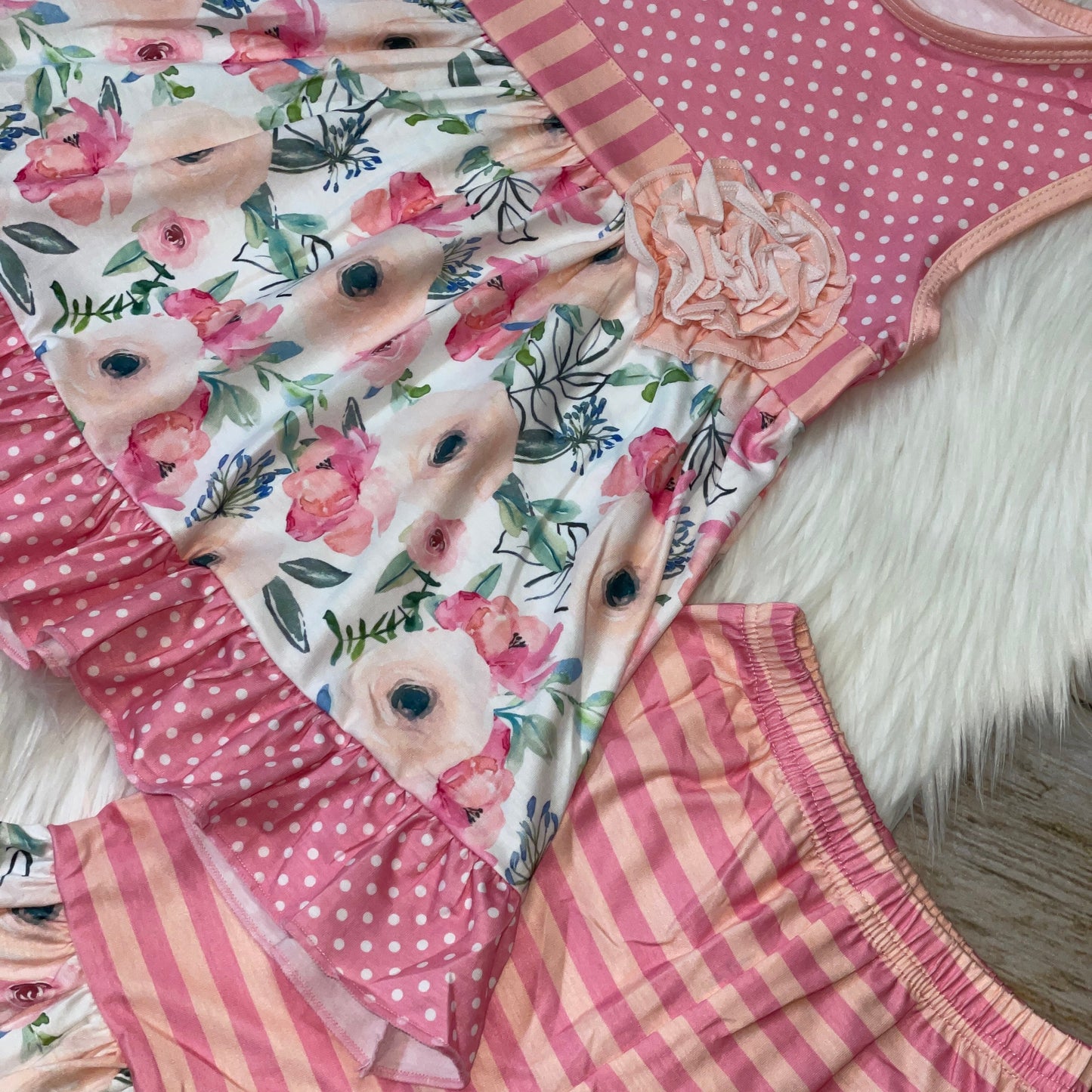 Pink Polka Dot and Cream Floral Tunic and Short Set