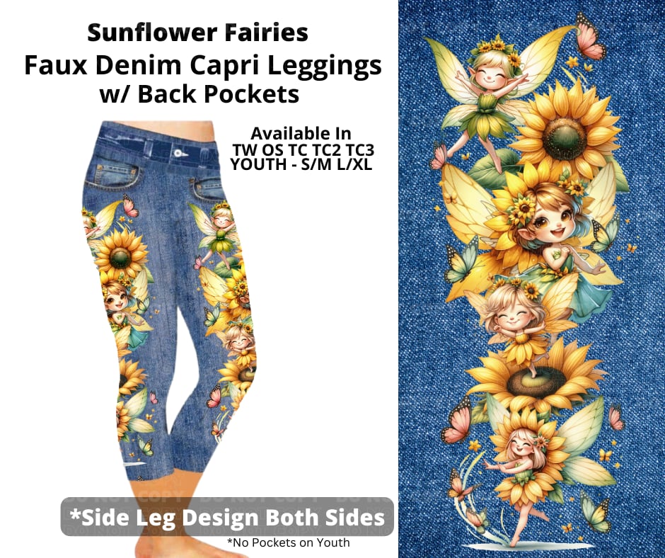 Sunflower Fairies Capri Faux Denim w/ Side Leg Designs