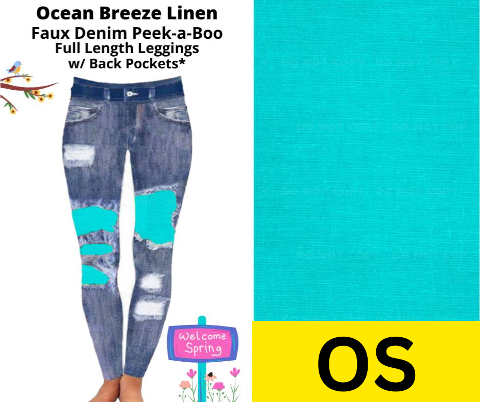 Ocean Breeze Linen Faux Denim Full Length Peekaboo Leggings