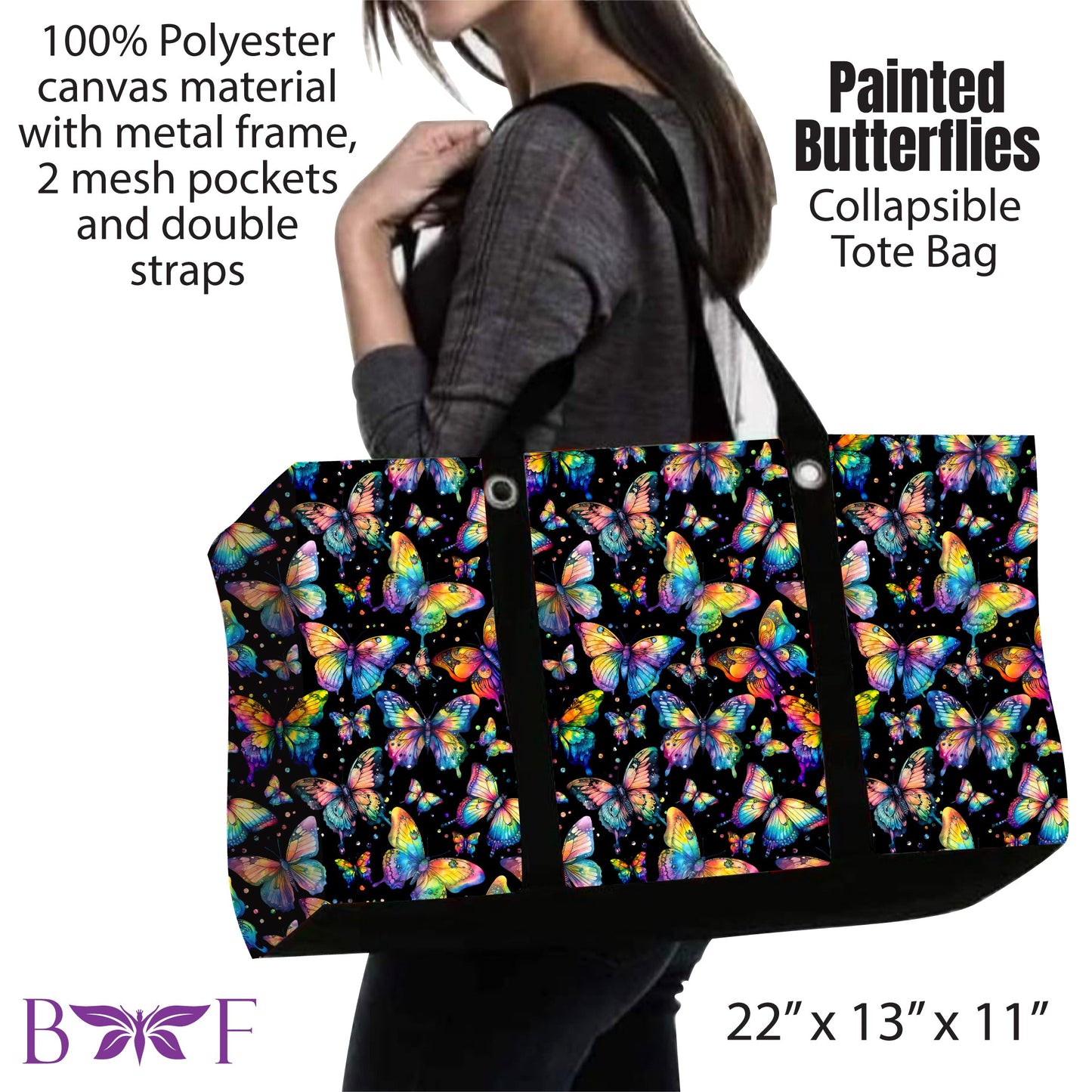 Painted Butterflies large tote and 2 inside mesh pockets