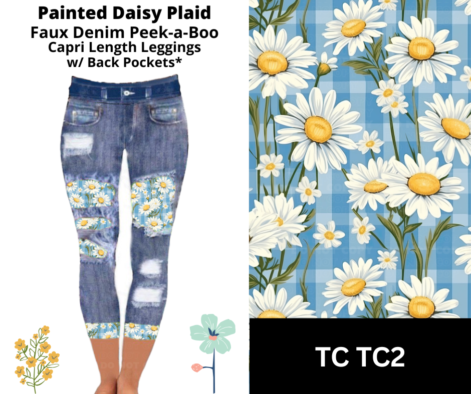 Painted Daisy Plaid Capri Faux Denim Peekaboo