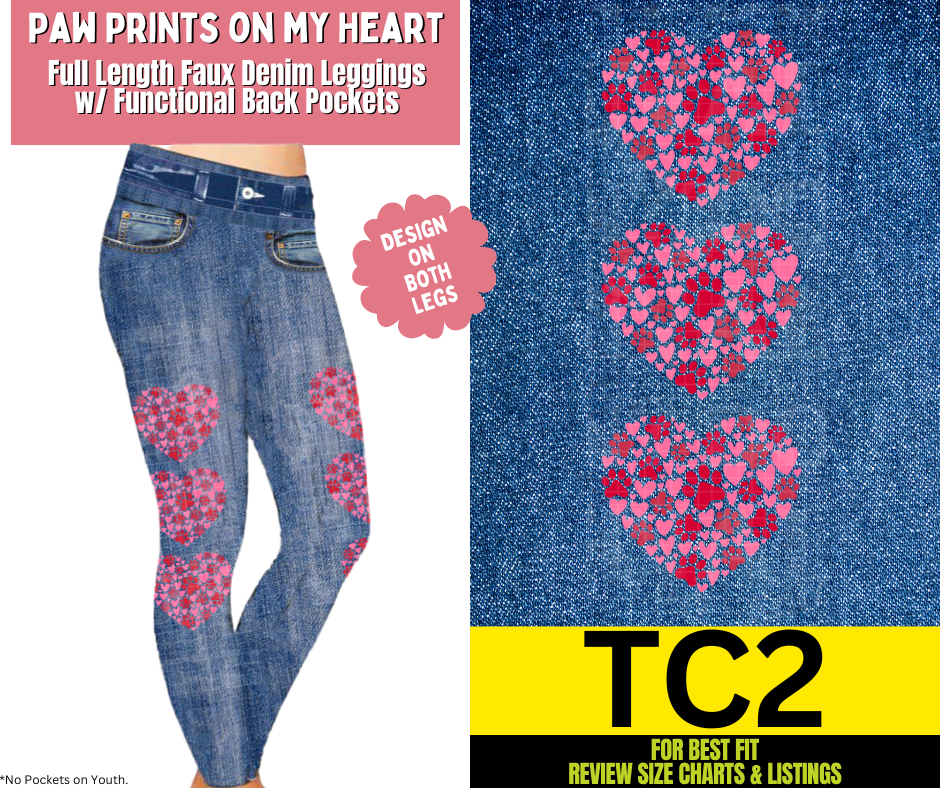 Paw Prints On My Heart Full Length Faux Denim w/ Side Leg Designs
