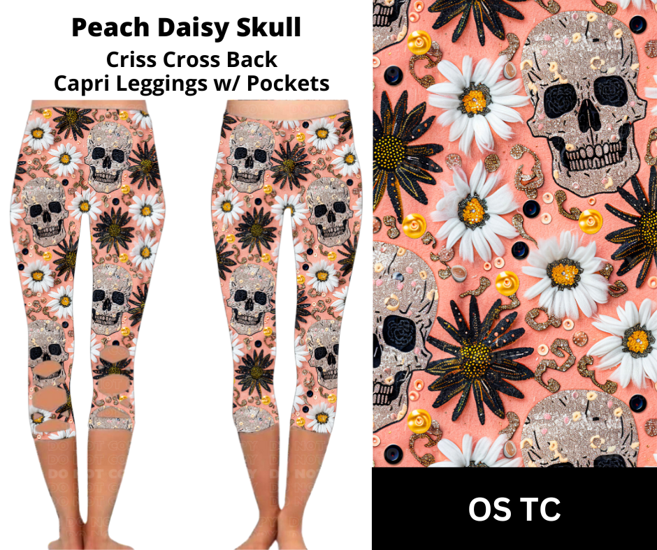 Peach Daisy Skull Criss Cross Capri w/ Pockets