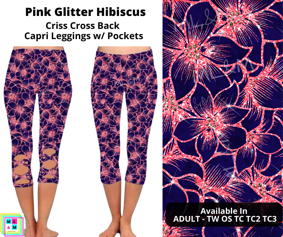 Pink Glitter Hibiscus Criss Cross Capri w/ Pockets