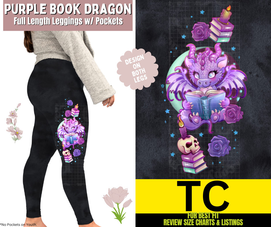 Purple Book Dragon Watercolor Full Length Leggings w/ Side Leg Designs