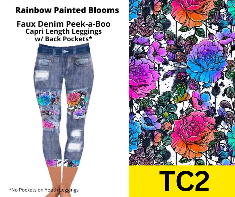 Rainbow Painted Blooms Capri Faux Denim Peekaboo