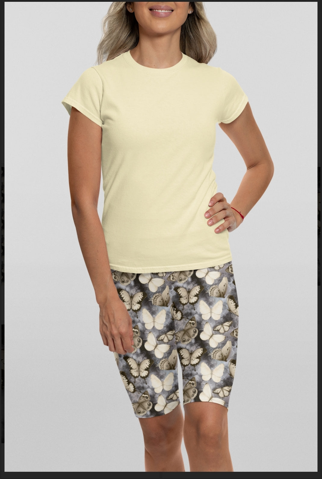 Golden Butterfly leggings, capri lounge pants, capri joggers, and jogger shorts 4" & 7"