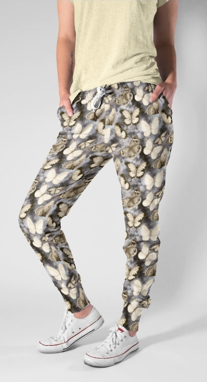 Golden Butterfly leggings, capri lounge pants, capri joggers, and jogger shorts 4" & 7"