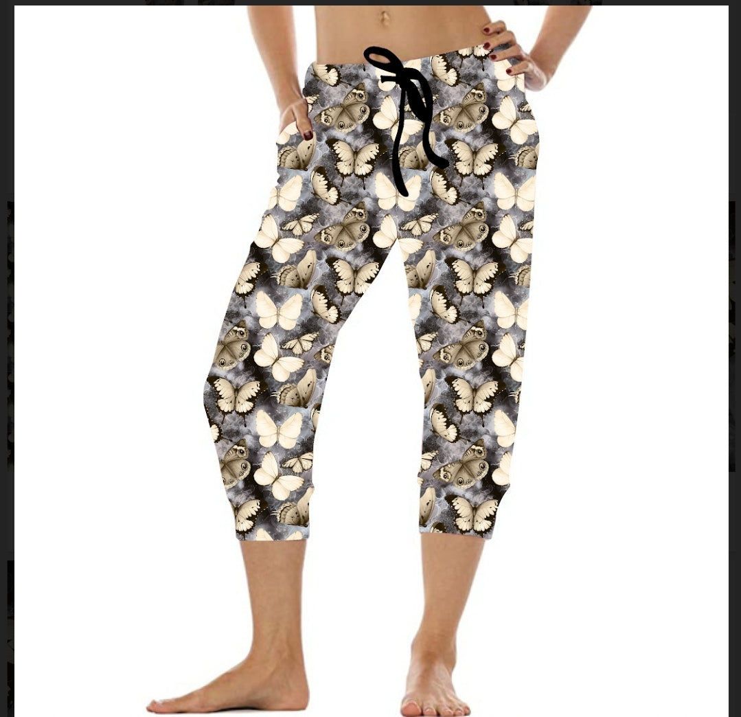 Golden Butterfly leggings, capri lounge pants, capri joggers, and jogger shorts 4" & 7"
