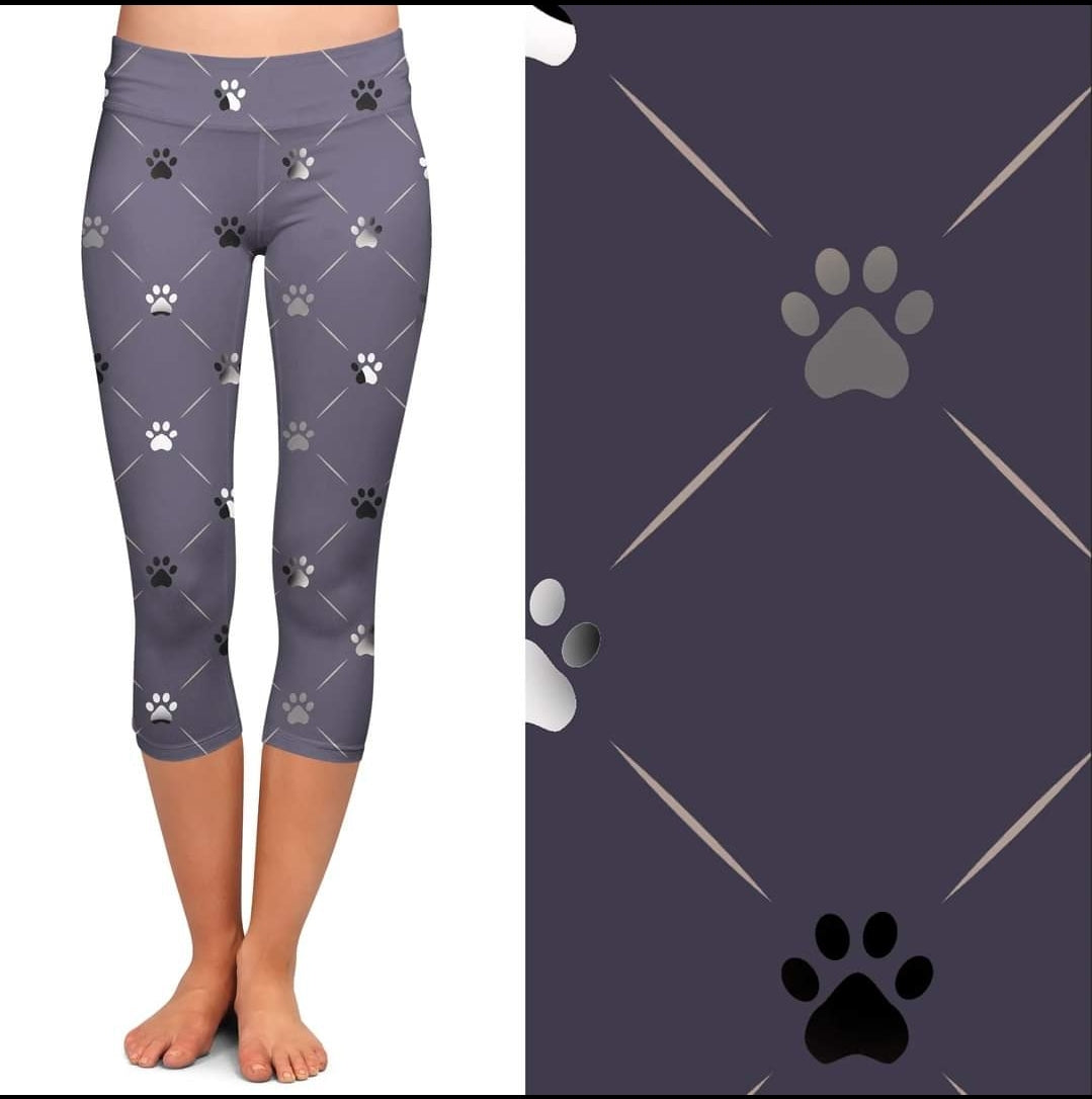 Purple Paw leggings, capris, capris lounge pants, capri joggers, and shorts