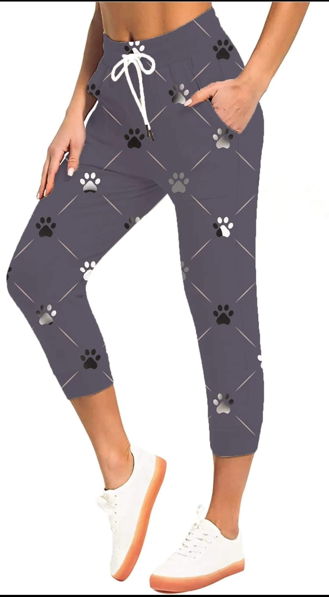 Purple Paw leggings, capris, capris lounge pants, capri joggers, and shorts
