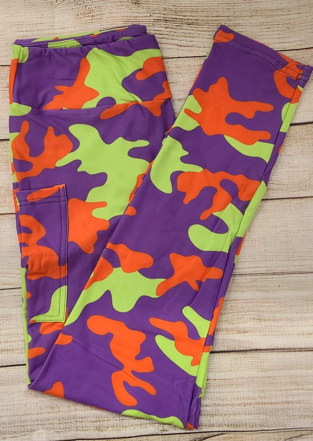 Purple, Green, and Orange Camo leggings & capris with pockets