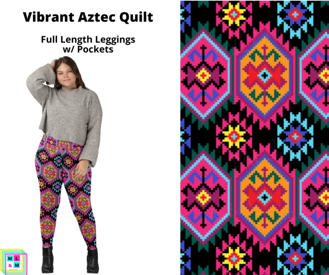 Vibrant Aztec Quilt Full Length Leggings w/ Pockets