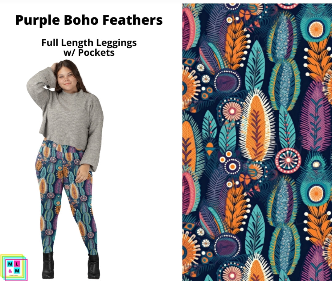 Purple Boho Feathers Full Length Leggings w/ Pockets