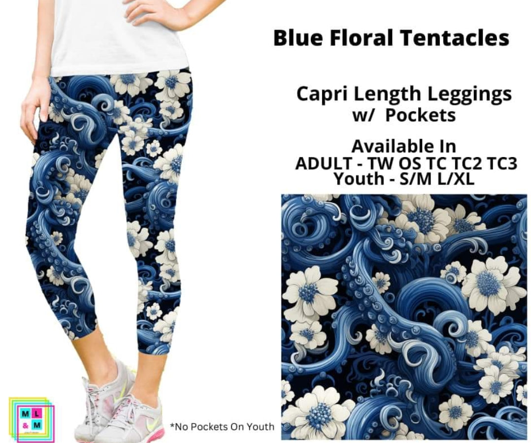 Blue Floral Tentacles Capri Length w/ Pockets