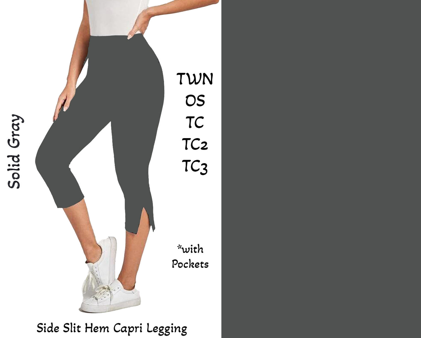 Solid Gray Side Slit Hem Capri Leggings with Pockets
