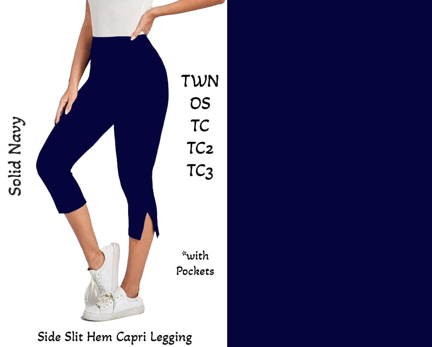 Solid Navy Side Slit Hem Capri Leggings with Pockets