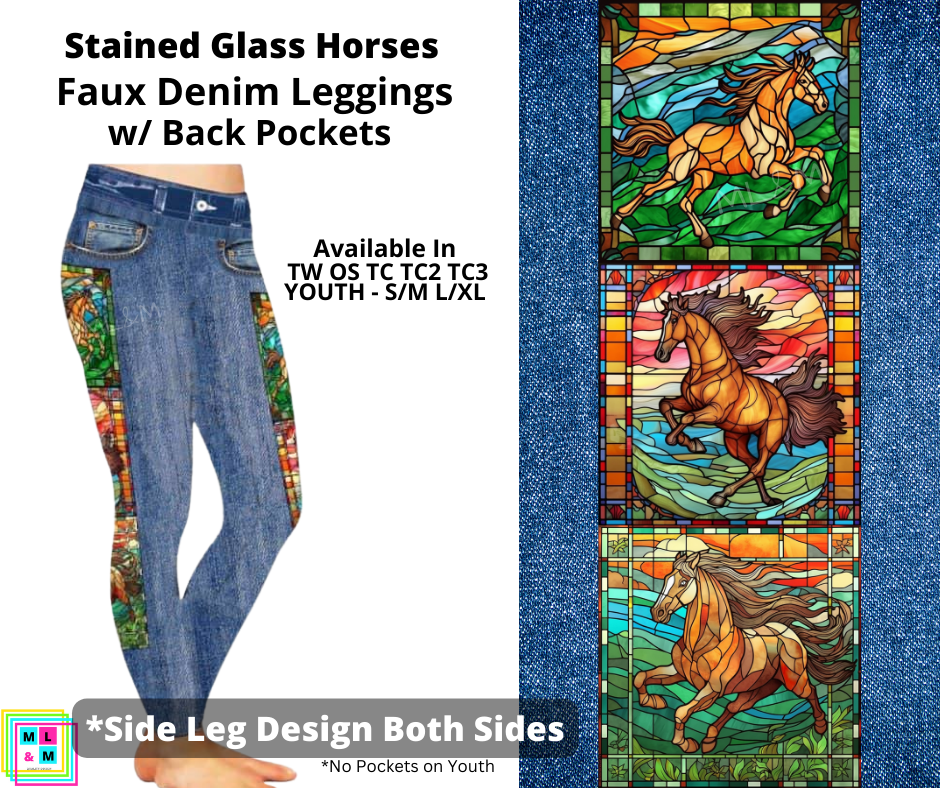 Stained Glass Horses Full Length Faux Denim w/ Side Leg Designs