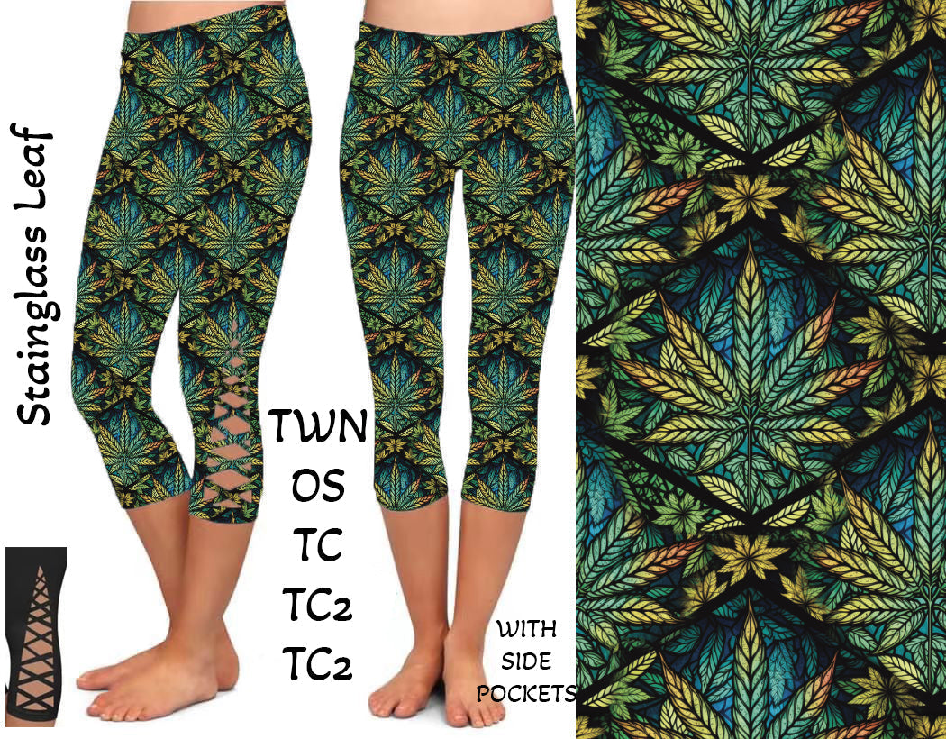 Stain Glass Leaf Criss Cross Capris with Pockets