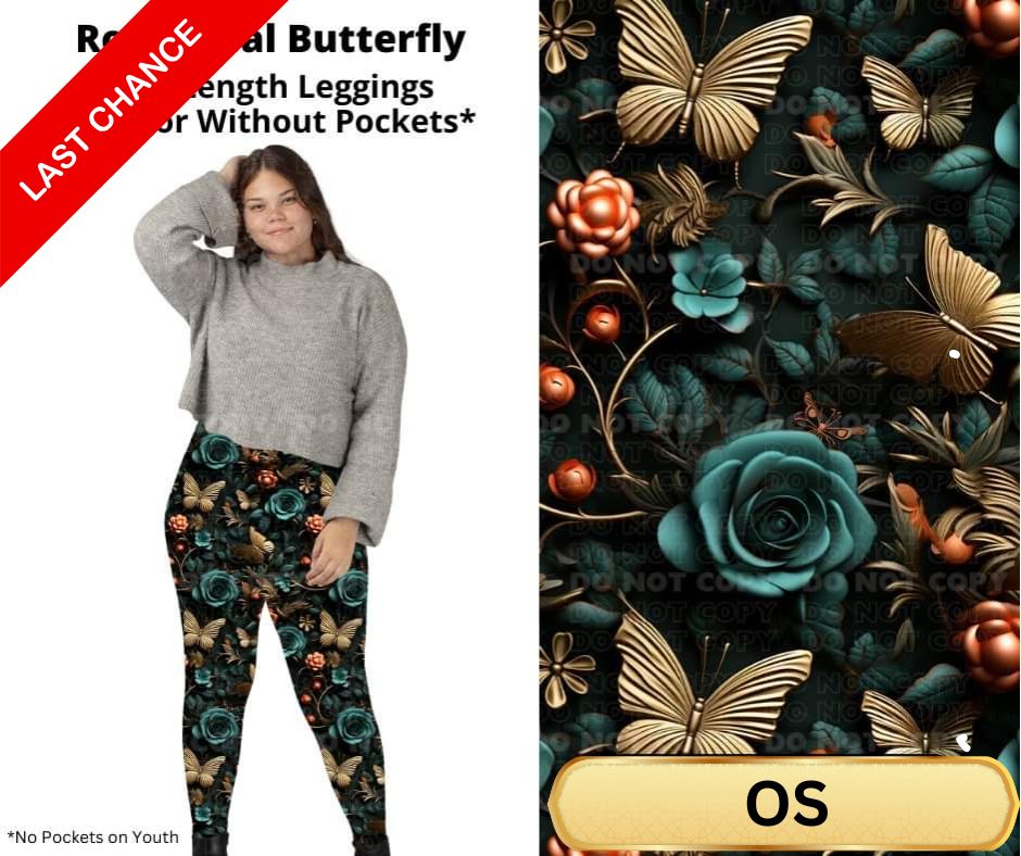Royal Teal Butterfly Full Length Leggings w/ Pockets