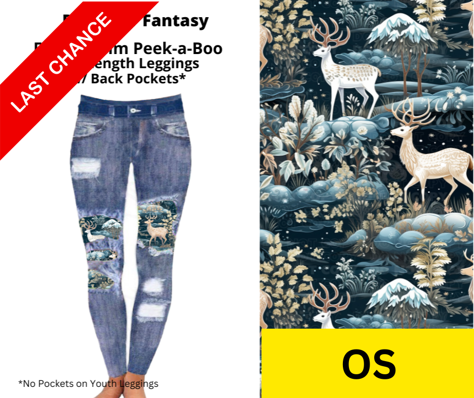 Reindeer Fantasy Faux Denim Full Length Peekaboo Leggings