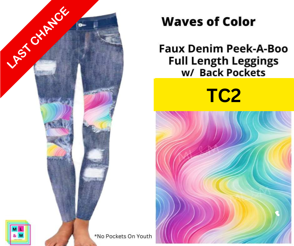 Waves of Color Faux Denim Full Length Peekaboo Leggings