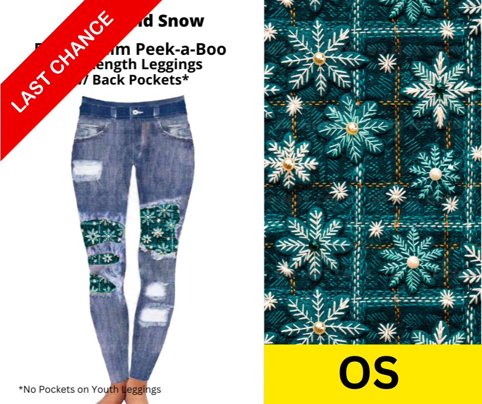 Teal Plaid Snow Faux Denim Full Length Peekaboo Leggings